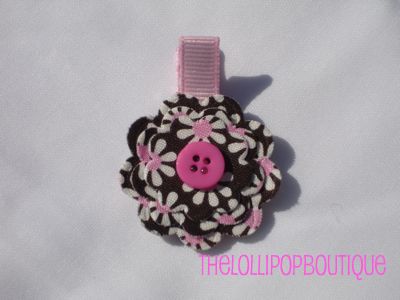 Pink and Brown Daisy Fabric Hair Clip-pink and brown daisy clip michael miller fabric pink button center attached to an alligator clip
