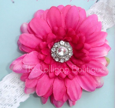 Fushia/Hot Pink Rhinestone Daisy Lace Headand-lace headband, rhinestone flower headband, flower headband, headband, lace, baby headband, baby, toddler, girl
