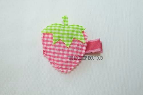 Pink Gigham Strawberry Hair Clip-strawberry applique, hair cli